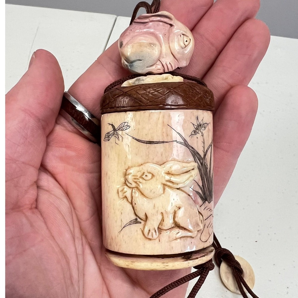 Vintage Hand Carved Bone Rabbit Inro Box‎ with Netsuke Toggle and Ojime Bead